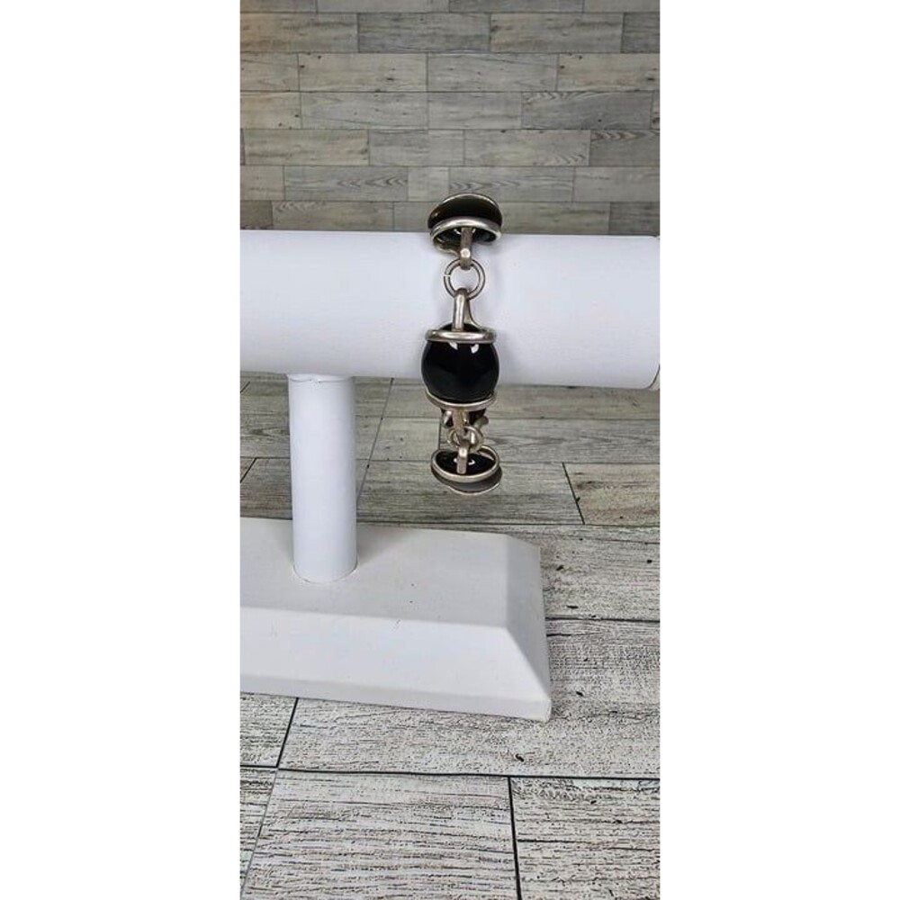 Handmade Silver Tone Square Onyx Black Art Glass Reversible Link Bracelet - Picture 2 of 5